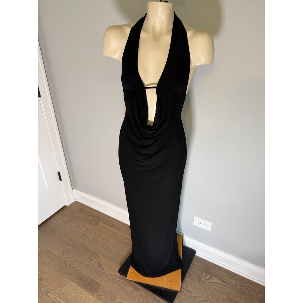 Edikted Black Halter Maxi Dress Deep Plunge Cowl Neck Open Back Size M